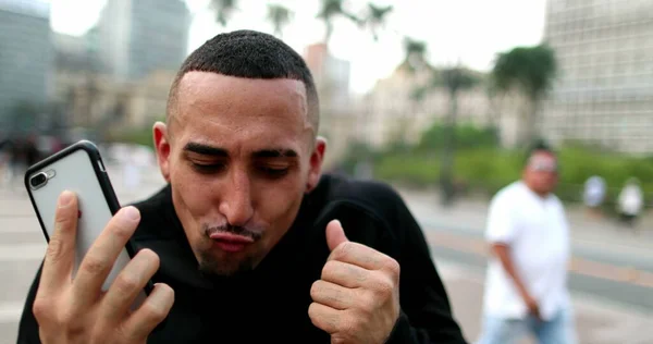 Happy Hispanic Man Dancing Street Excited Latin Guy Dances Joy — Fotografia de Stock