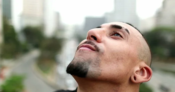 Hispanic Man Closing Eyes Looking Sky Hope Faith — 스톡 사진