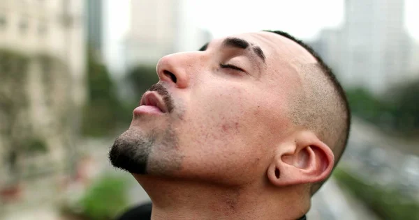 Hispanic Man Closing Eyes Looking Sky Hope Faith — 图库照片