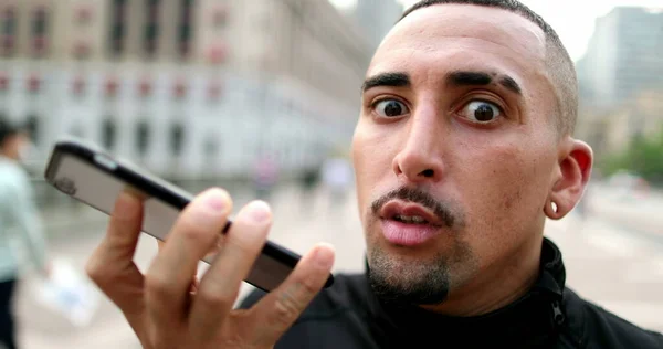 Hispanic Latin Man Listening Cellphone Audio Receiving Shocking News — Foto Stock