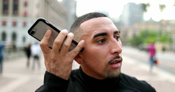 Hispanic Latin Man Listening Cellphone Audio Receiving Shocking News — Fotografia de Stock