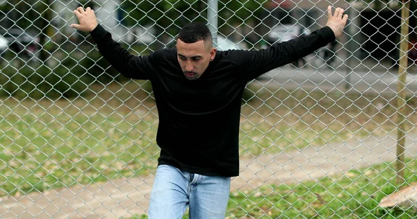 Hispanic Guy Leaning Metal Fence Latino South American Person — Fotografia de Stock