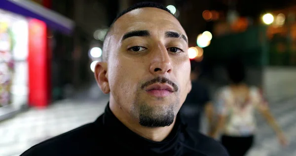 Serious Hispanic Male Looking Camera Serious Face Standing Street Night — Fotografia de Stock