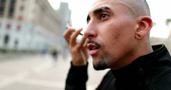 Hispanic Man Talking Smartphone Conversation Downtown City — 스톡 사진