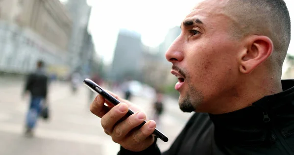 Hispanic Man Talking Smartphone Conversation Downtown City —  Fotos de Stock