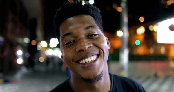 Young Black Man Smiling Looking Camera Night City — Stockfoto