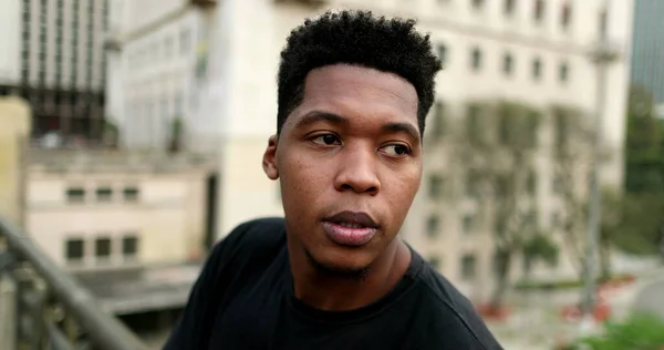 Young Black African Man Downtown Observing City Contemplation — 图库照片