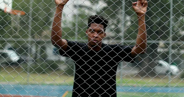 Upset African Man Leaning Metal Fence Angry Black Person Shaking — Fotografia de Stock