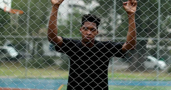 Upset African Man Leaning Metal Fence Angry Black Person Shaking — Zdjęcie stockowe