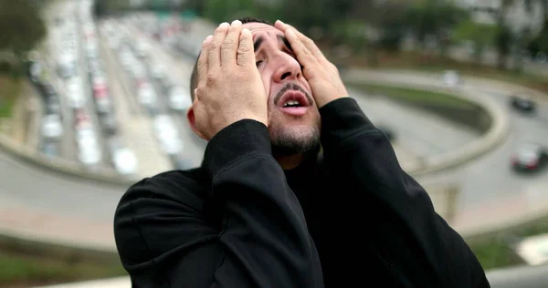 Troubled Hispanic Man Feeling Anxious City Person Suffering Looking Sky — Stockfoto