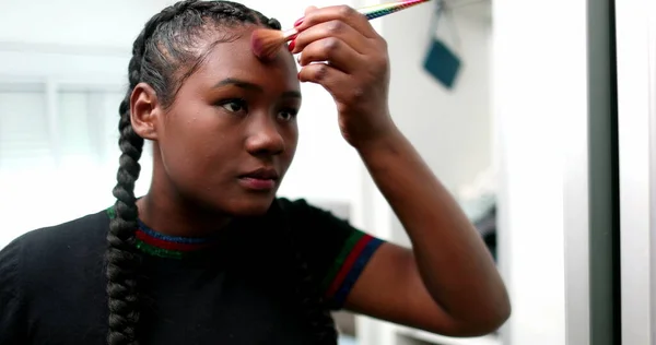 Black Girl Applying Make Front Mirror Young African Woman Applies — Stockfoto