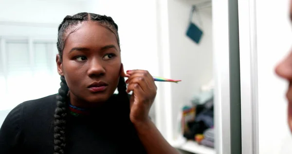 Black Girl Applying Make Front Mirror Young African Woman Applies — Stok fotoğraf