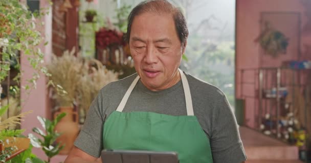 Portrait Happy Asian American Business Owner Holding Tablet Smiling Online — 图库视频影像