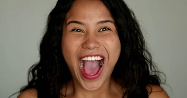 Excited Happy Hispanic Girl Cheering Success Reaction Great News — Fotografia de Stock