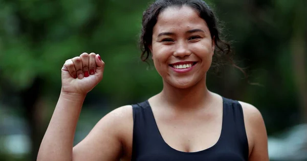 Determine Hispanic Young Woman Showing Female Empowerement Signal Raising Fist — Photo