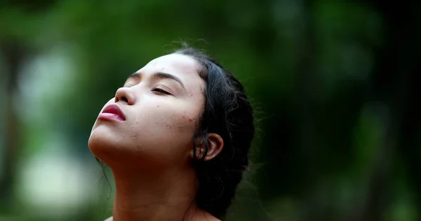 Contemplative Young Woman Closing Eyes Meditation Close Girl Face Eye — Stockfoto