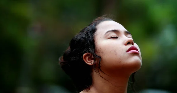 Contemplative Young Woman Closing Eyes Meditation Close Girl Face Eye — Photo