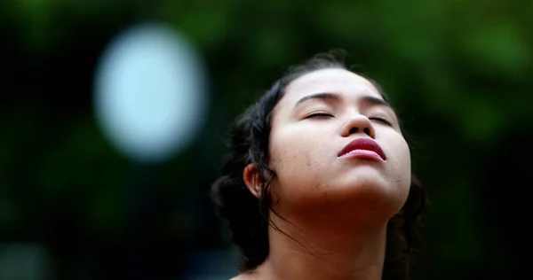 Contemplative Young Woman Closing Eyes Meditation Close Girl Face Eye — Foto Stock