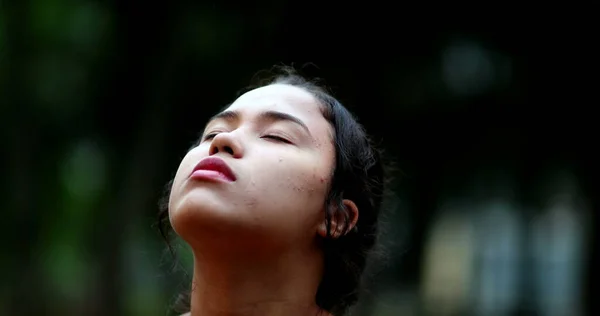 Contemplative Young Woman Closing Eyes Meditation Close Girl Face Eye — Stock fotografie