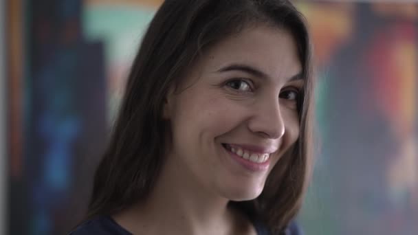 Portrait Person Smiling Camera Closeup Happy Woman Face 30S — Stock video