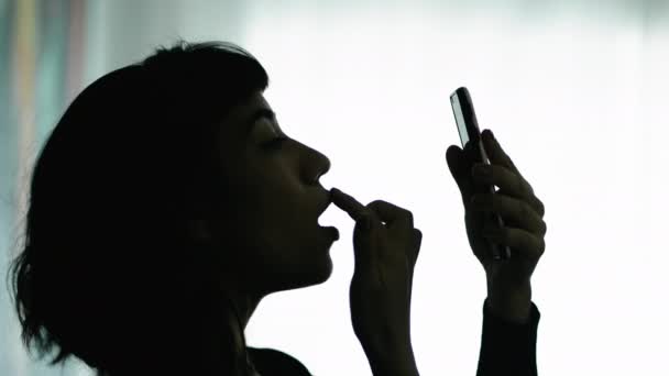 Young Woman Applying Makeup Girl Removing Lipstick Looking Smartphone Camera — Vídeos de Stock