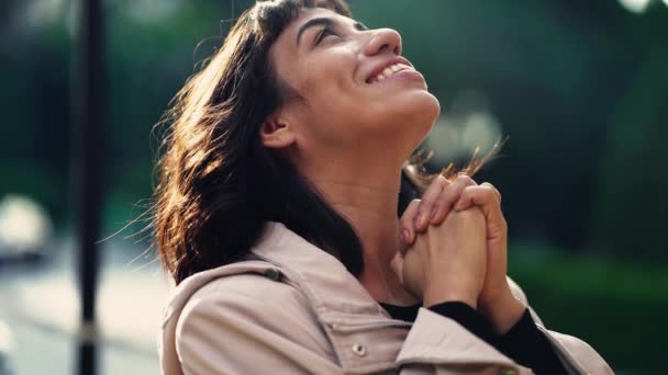 Grateful Hispanic Woman Praying God Hands Clenched Looking Sky Smiling — Vídeos de Stock