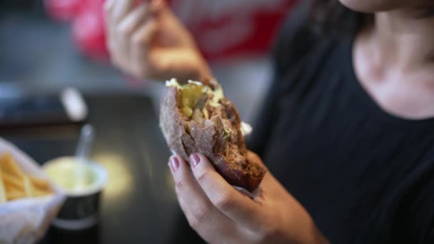 Closeup Hand Holding Cheeseburger Female Hands Half Eaten Burger — Stok video