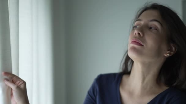 Suspicious Woman Standing Window Looking Person Seeing Curtains — Video Stock