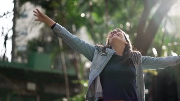 Excited Woman Raising Arms Celebrating Life Nature Happy Person Stretched — Video