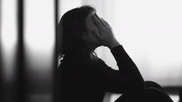 Monochromatic Shot Desperate Young Woman Suffering Emotional Pain Sitting Floor — Video Stock