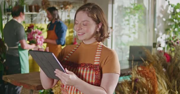 Portrait Young Female Employee Holding Tablet Smiling Camera Standing Small — Video