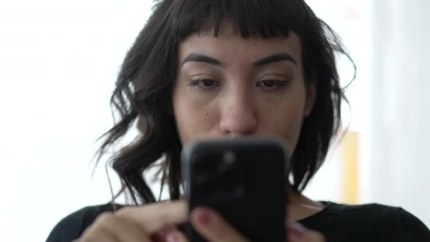 One Young Hispanic Latin Girl Browsing Internet Phone South American — Stock Video