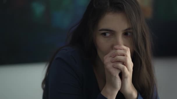Fearful Woman Suffering Emotional Problems One Worried Girl Closing Eyes — Vídeo de Stock