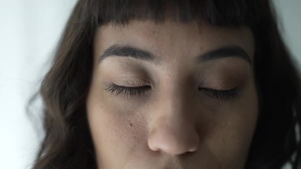 Young Woman Eyes Shut Smiling Trying Meditate — Stock Video