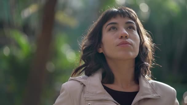 South American Young Woman Standing Nature Looking Sky Pensive Hispanic — Vídeo de Stock