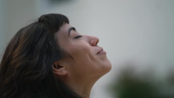 Faithful South American Woman Closing Eyes Meditation Looking Sky Spiritual — 图库视频影像