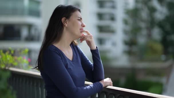 Pensive Woman Standing Apartment Balcony Thinking Thoughtful Person Seeking Solution — Wideo stockowe