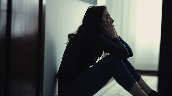 Desperate Person Distress Emotional Crisis Woman Sitting Floor Home Feeling — Fotografia de Stock