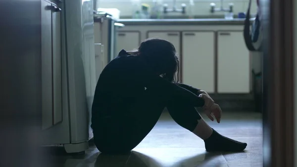 Depressed Young Woman Sitting Kitchen Floor Feeling Desperate Difficult Times — Foto Stock