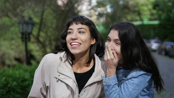 Two Female Friends Gossiping While Walking Street Young Women Conversation — Φωτογραφία Αρχείου