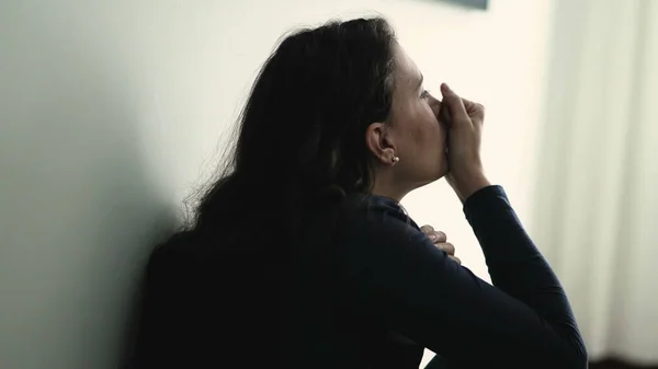 Troubled Woman Suffering Alone Anxiety Sitting Floor Home Anxious Person — Foto Stock