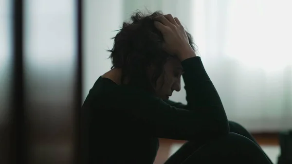 Depressed Woman Sitting Floor Covering Face Hands Despair — 图库照片