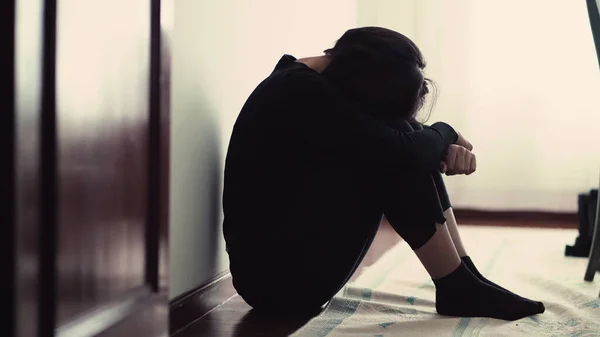Fearful Depressed Person Sitting Floor Covering Face Fetal Position Desperate — Fotografia de Stock