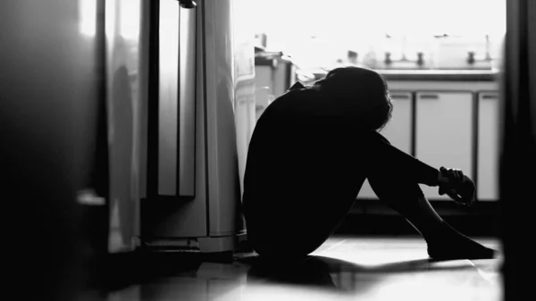 Depressed Girl Sitting Kitchen Floor Monochrome Black White Photography Woman — Stok fotoğraf