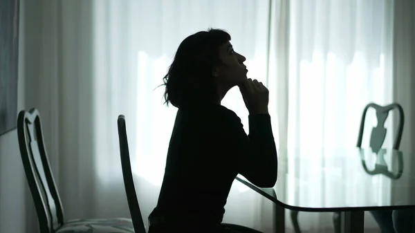 Silhouette Pensive Woman Sitting Home Window Thinking — Stockfoto