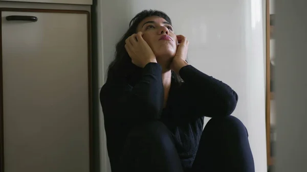 One Anxious Hispanic Latina Woman Sitting Floor Overwhelmed Problems — Foto de Stock