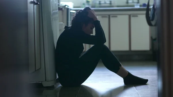 Depressed Young Woman Sitting Kitchen Floor Feeling Desperate Difficult Times — Foto Stock