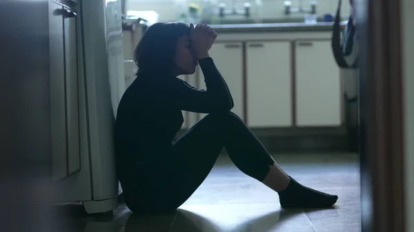 Depressed Young Woman Sitting Kitchen Floor Feeling Desperate Difficult Times — Zdjęcie stockowe