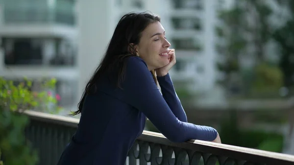 Relaxed Young Woman Stretching Body Standing Balcony Apartment Smiling Feeling — Φωτογραφία Αρχείου