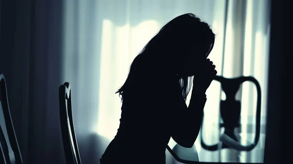Worried Pensive Woman Suffering Home Remembering Trauma Person Mental Illness — Stok fotoğraf